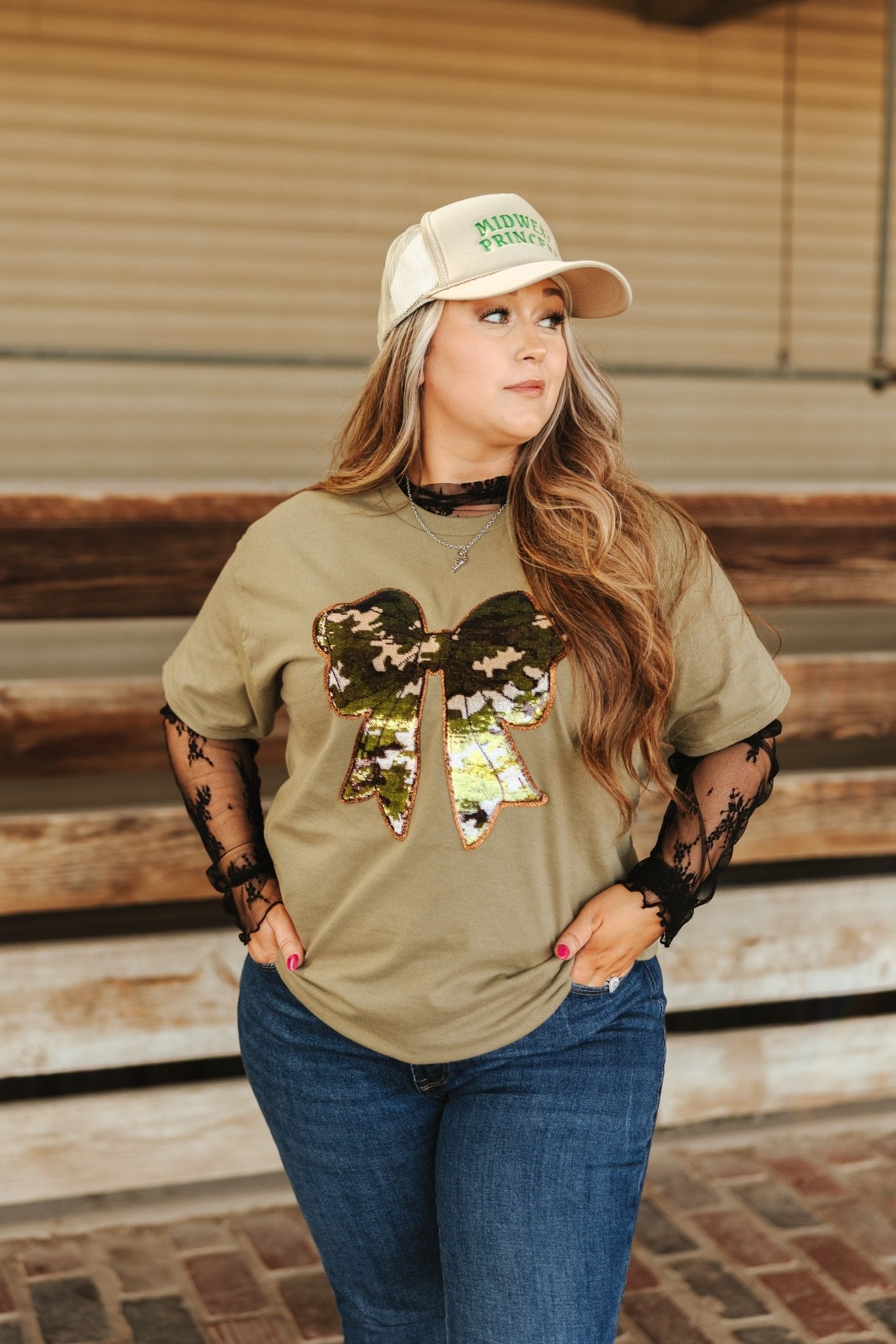 Wild Junkie Sequin Camo Bow Patch Tee — lifestyle context