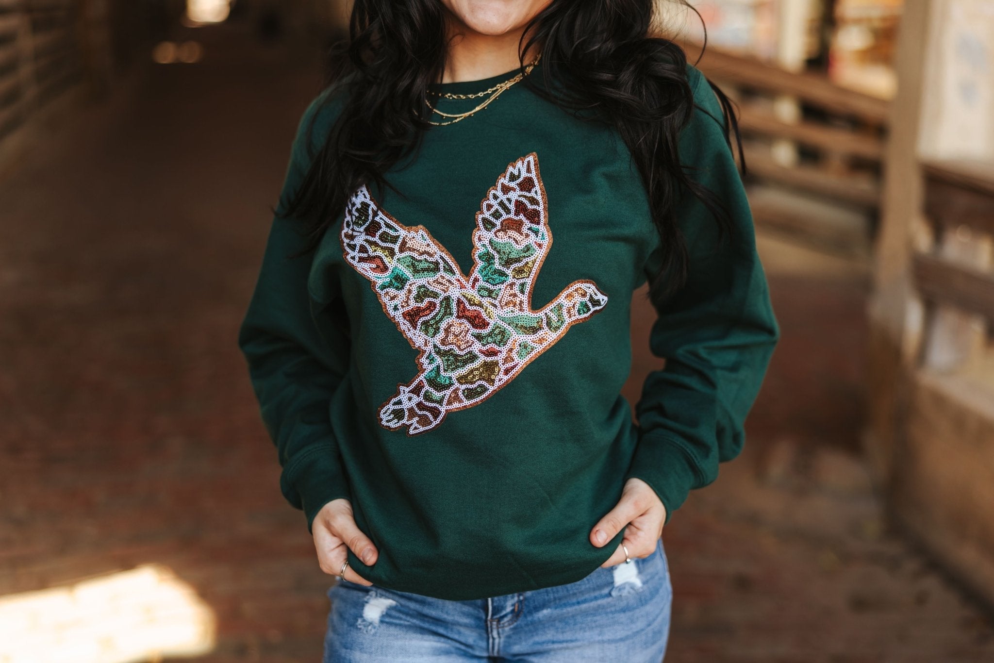 Wild Junkie Sequin Duck Camo Patch Sweatshirt — detail close-up