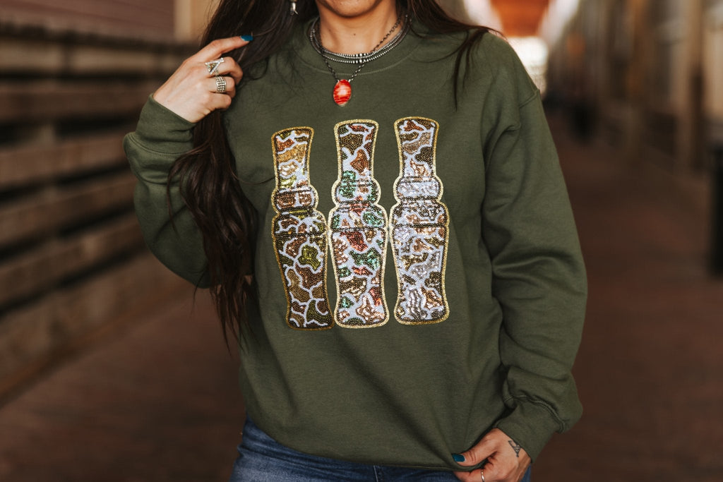 Wild Junkie Sequin Hunting Duck Calls Patch Sweatshirt — construction detail