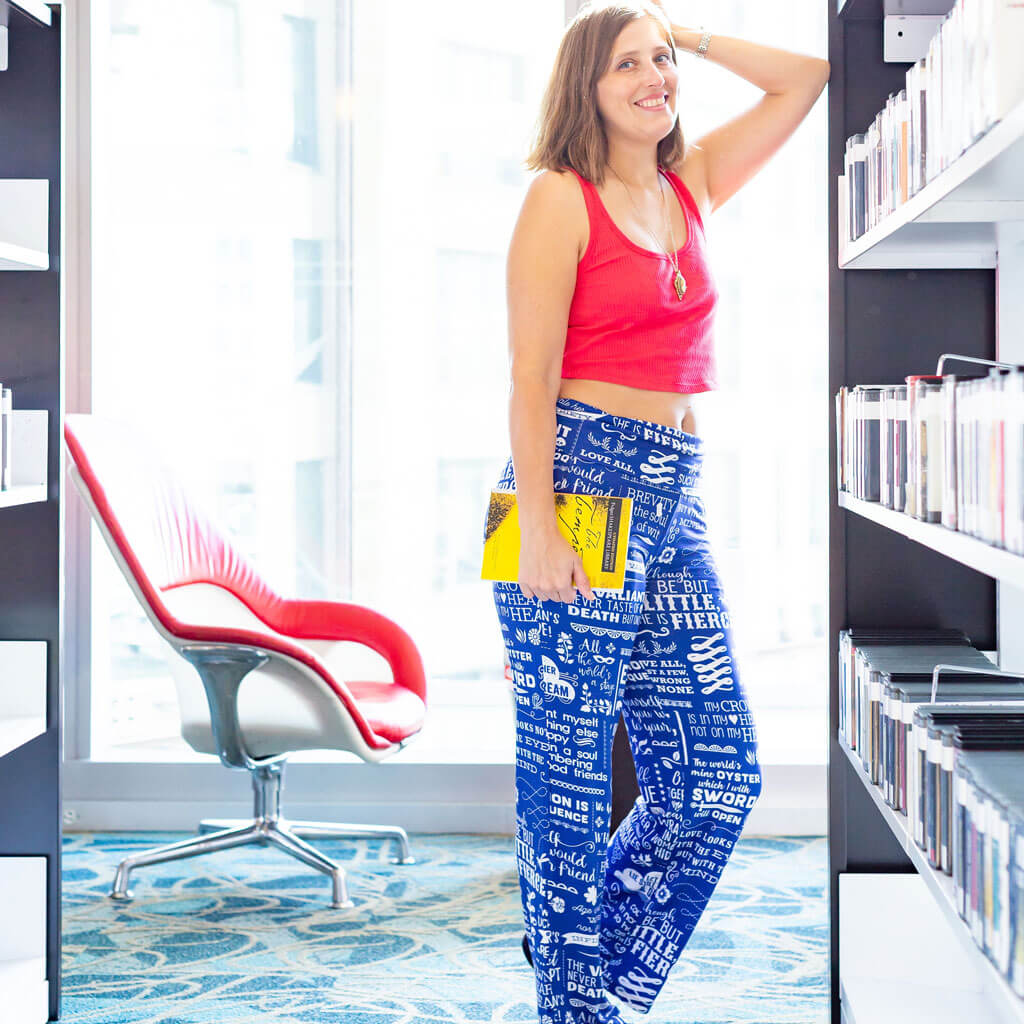 Princess Awesome & Boy Wonder "Words, Words, Words" Shakespeare Foldover Straight Leg Lounge Pants with Pockets — construction detail