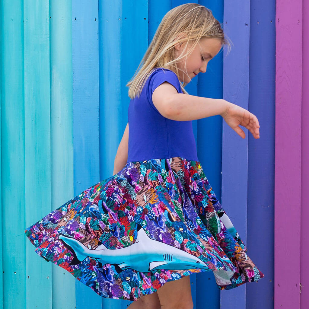 Princess Awesome & Boy Wonder "Chomping Grounds" Shark Reef Super Twirler Dress with Pockets — construction detail