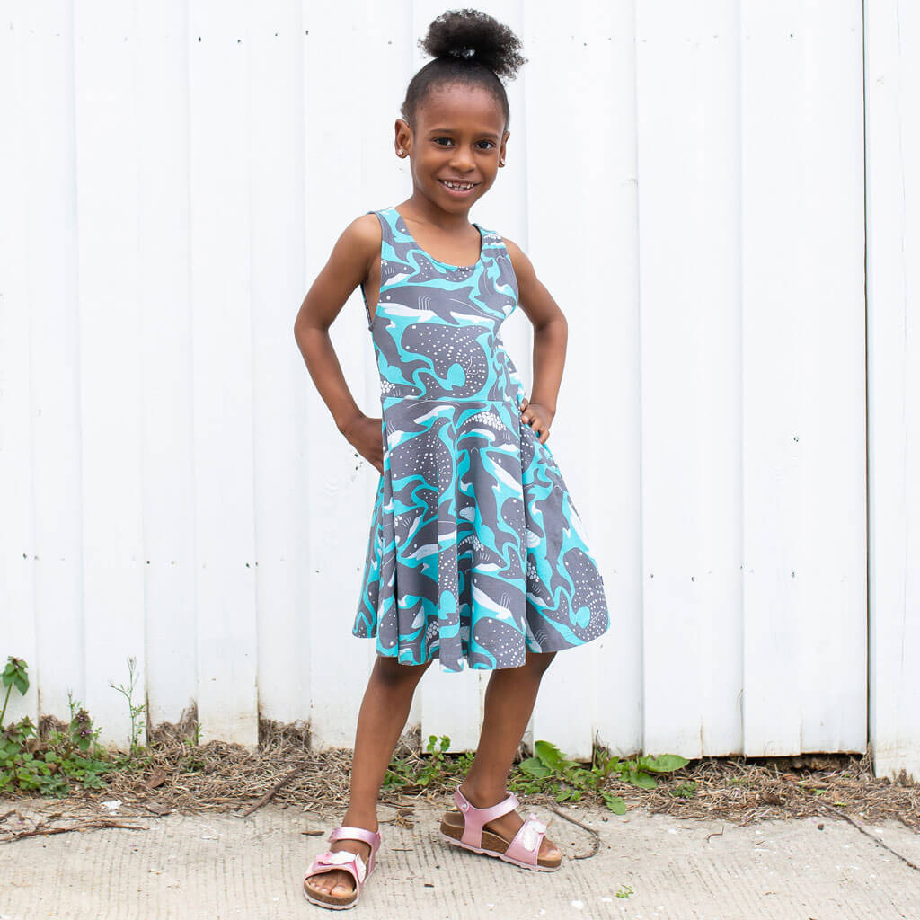 Princess Awesome & Boy Wonder "Megabites" Sharks Sleeveless Play Dress with Pockets — main product shot