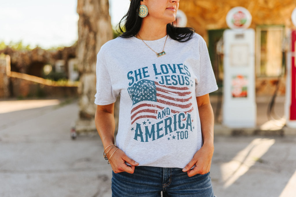 Wild Junkie She Loves Jesus & America Graphic Tee — graphic tees category context
