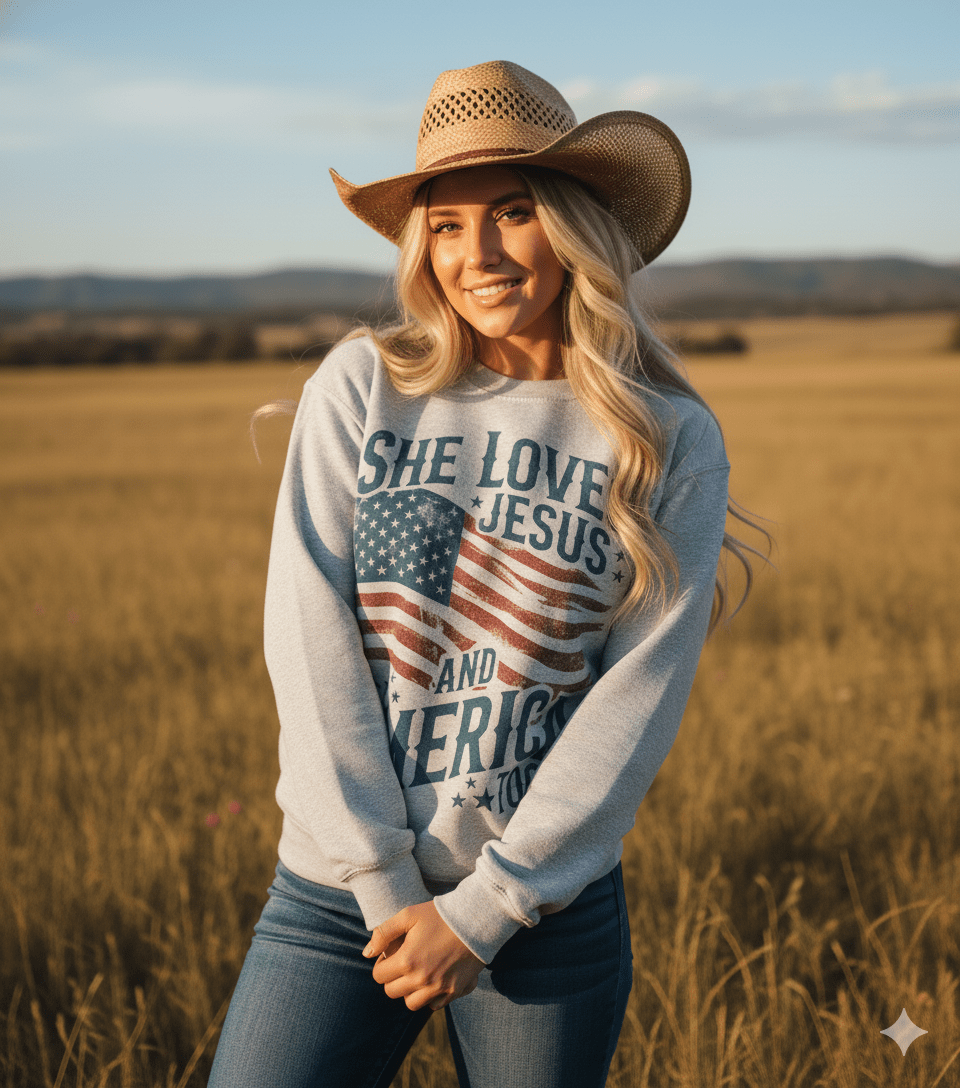 Wild Junkie She Loves Jesus & America Sweatshirt — construction detail