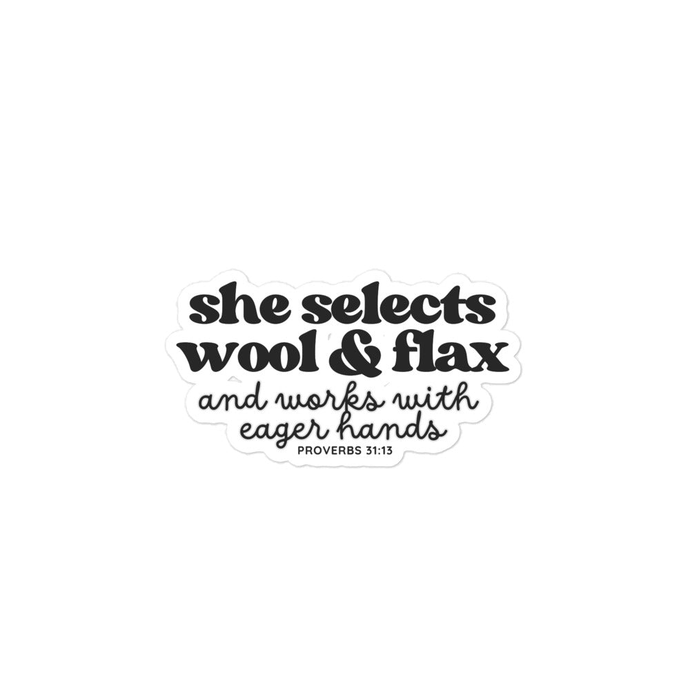 Darn Good Yarn “She Selects Wool & Flax” Bubble Free Sticker – Designed by Nicole SnowBubble-free stickers — construction detail
