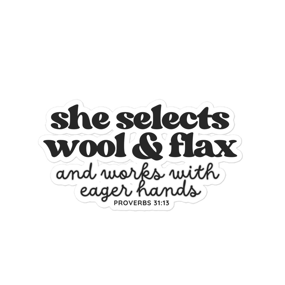 Darn Good Yarn “She Selects Wool & Flax” Bubble Free Sticker – Designed by Nicole SnowBubble-free stickers — product category context