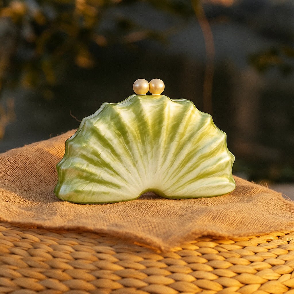 Mariam's Collection Mariam's Collection Shell Acrylic Clutch Evening Bag (MAC300) — Mariam's Collection branding close-up