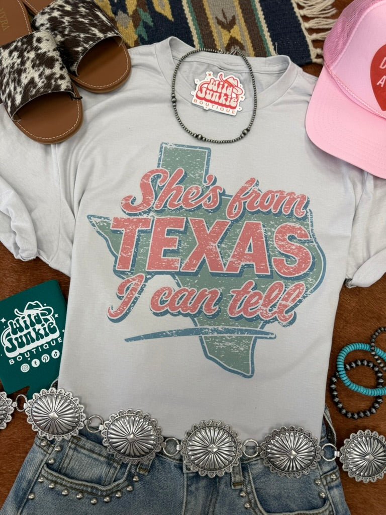 Wild Junkie She's From Texas I Can Tell Graphic Tee — Wild Junkie branding close-up