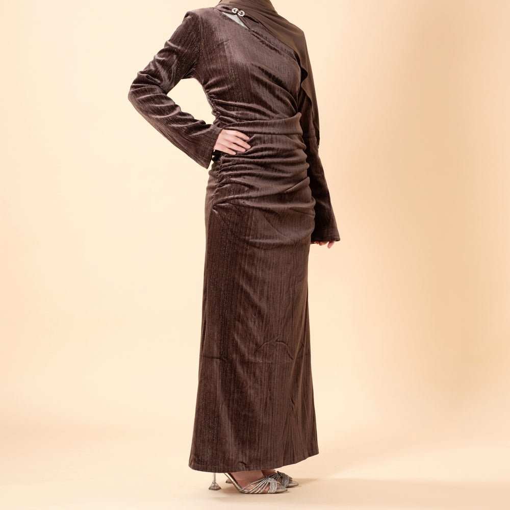 Mariam's Collection Shimmer Velvet Ruched Mermaid Gown(MA358) — construction detail