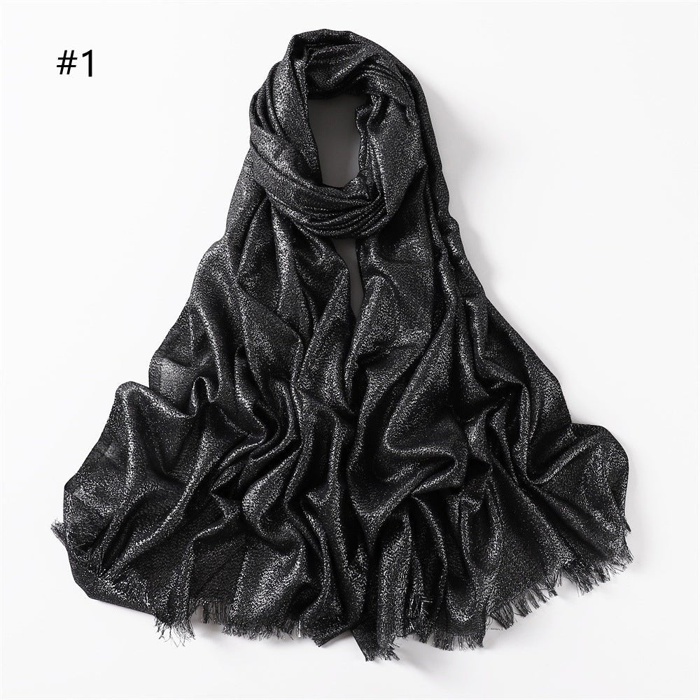 Mariam's Collection Shining Artificial Bright Silk Hijab (MH100) — Mariam's Collection branding close-up