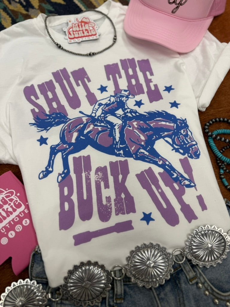 Wild Junkie Shut The Buck Up Graphic Tee — Wild Junkie branding close-up