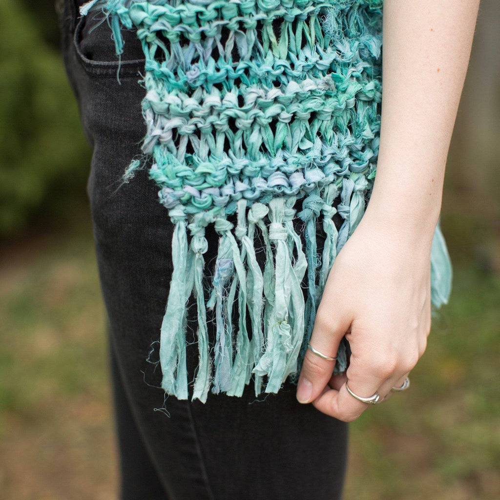 Darn Good Yarn Silk Hippie Fringe Vest Knit Kit — Darn Good Yarn branding close-up