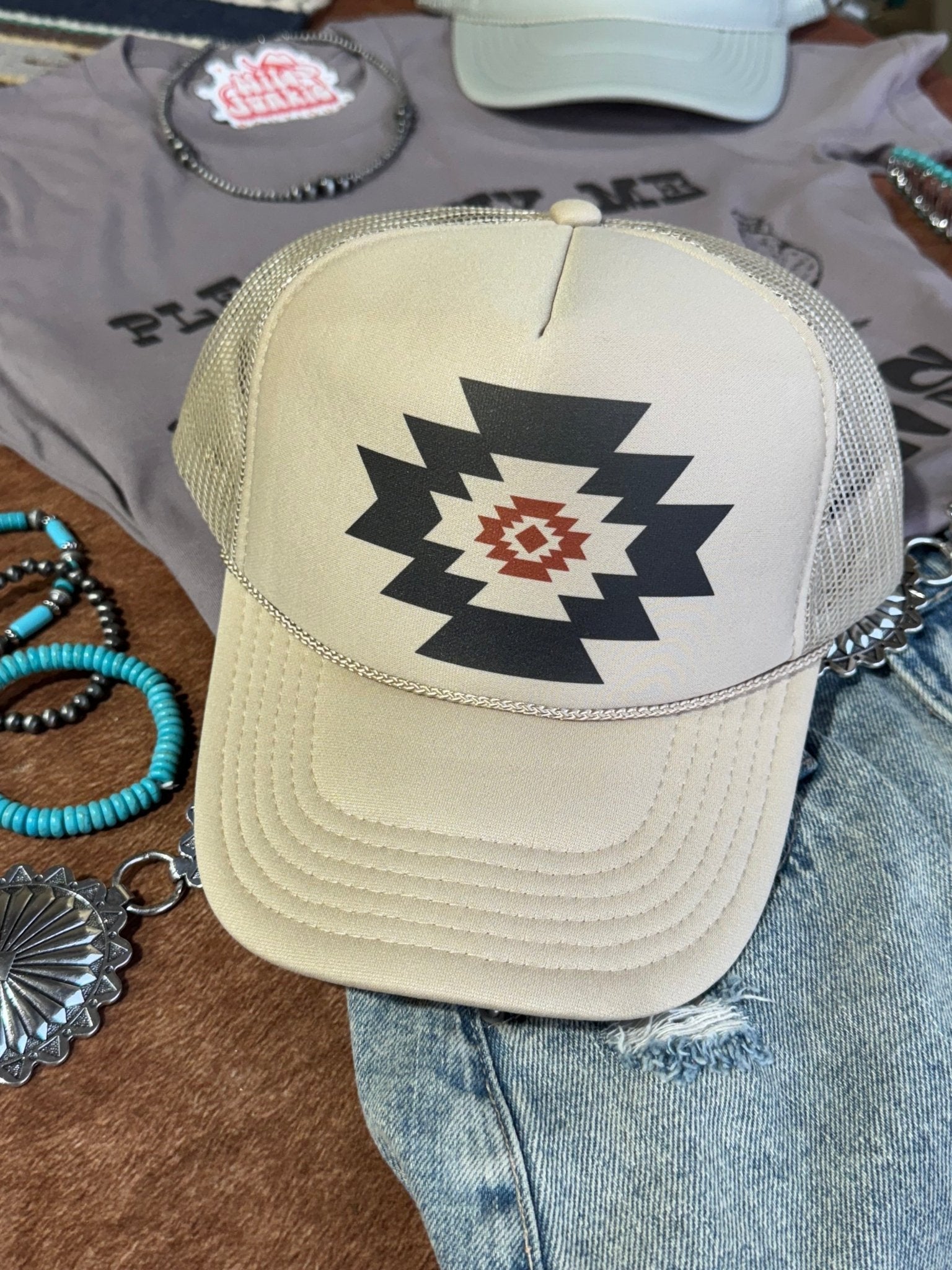 Wild Junkie Simple Aztec Trucker Hat — detail close-up