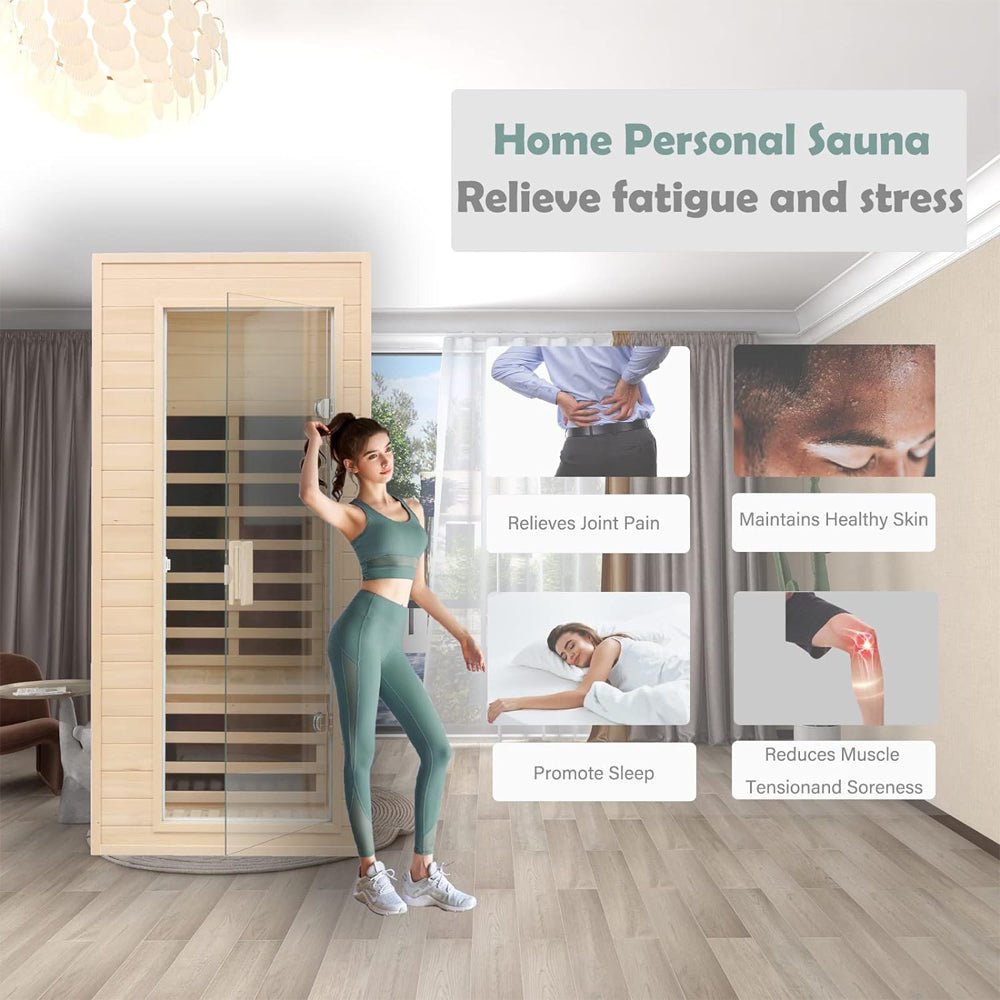 Thermora Elara Premium 1-Person Indoor Low EMF FAR Infrared Heat Hemlock Wood Personal Home Spa Sauna, 1200W (SAK27463) – SAK