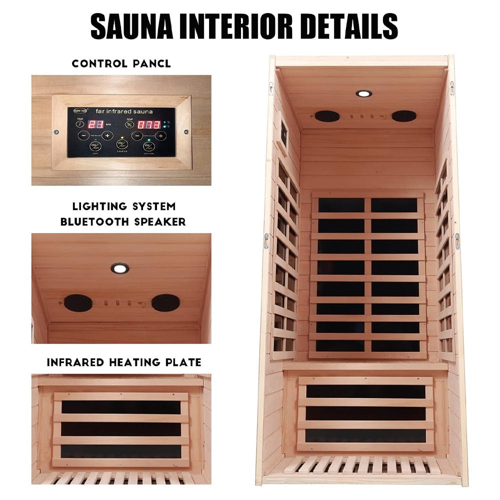 Thermora Elara Premium 1-Person Indoor Low EMF FAR Infrared Heat Hemlock Wood Personal Home Spa Sauna, 1200W (SAK27463) – SAK