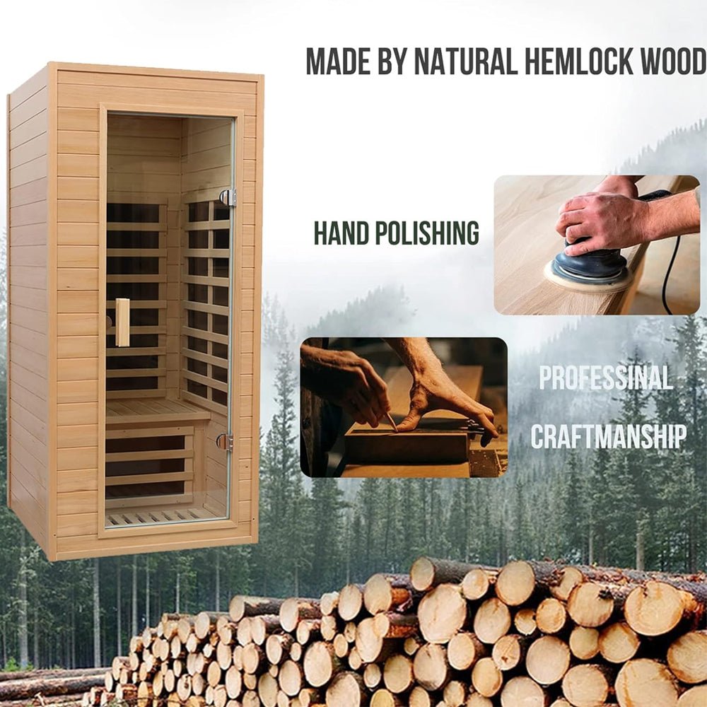 Thermora Elara Premium 1-Person Indoor Low EMF FAR Infrared Heat Hemlock Wood Personal Home Spa Sauna, 1200W (SAK27463) – SAK