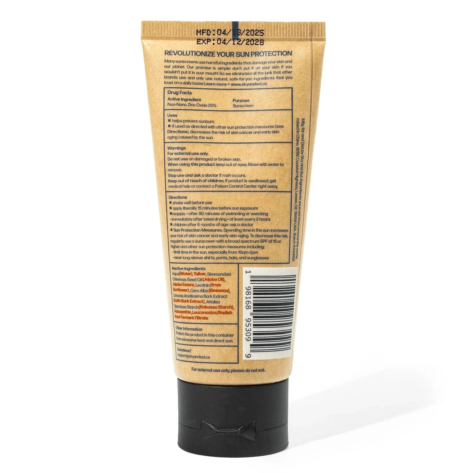 Sky and Sol Face & Body Sunscreen — ingredient label close-up