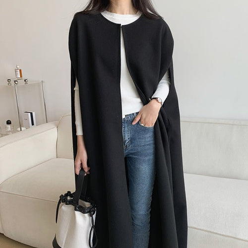 Sleeveless Cape Vest | Minimalist Long Wool-Blend Gilet Coat (MS204)