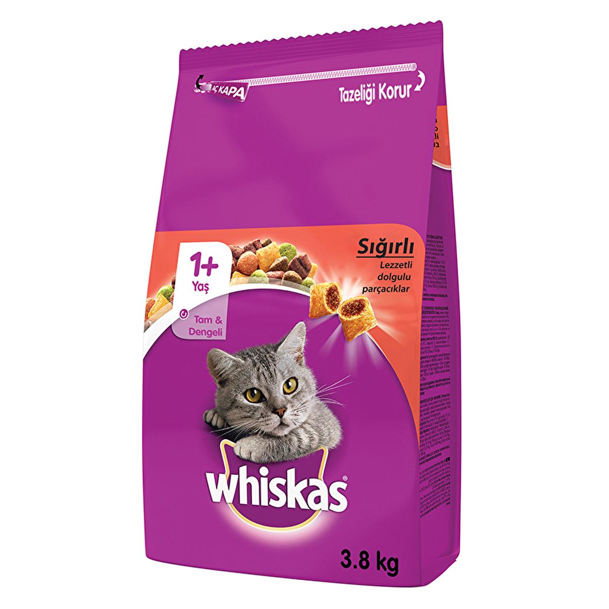Whiskas Beef Flavor Cat Dry Food for Adult Cats - 3.8 kg, Nutritionally Balanced, Dental Care, Healthy Coat