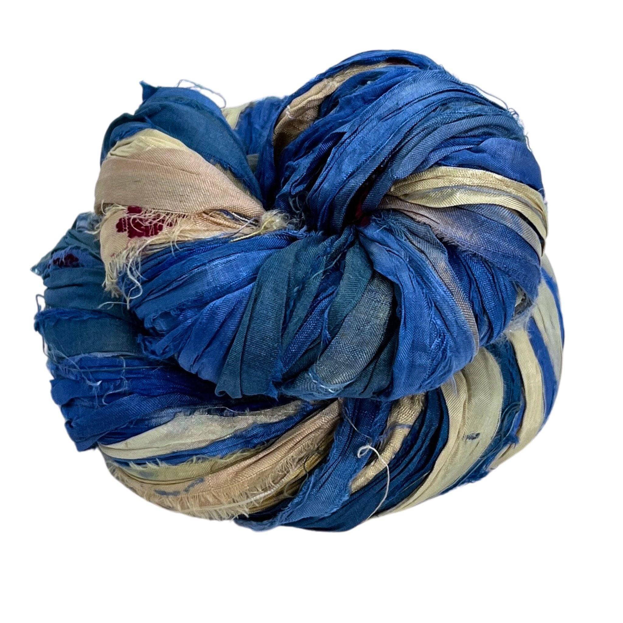 Darn Good Yarn Artisan Recycled Sari Ribbon – Sari Treasures in Every Strand — Darn Good Yarn branding close-up
