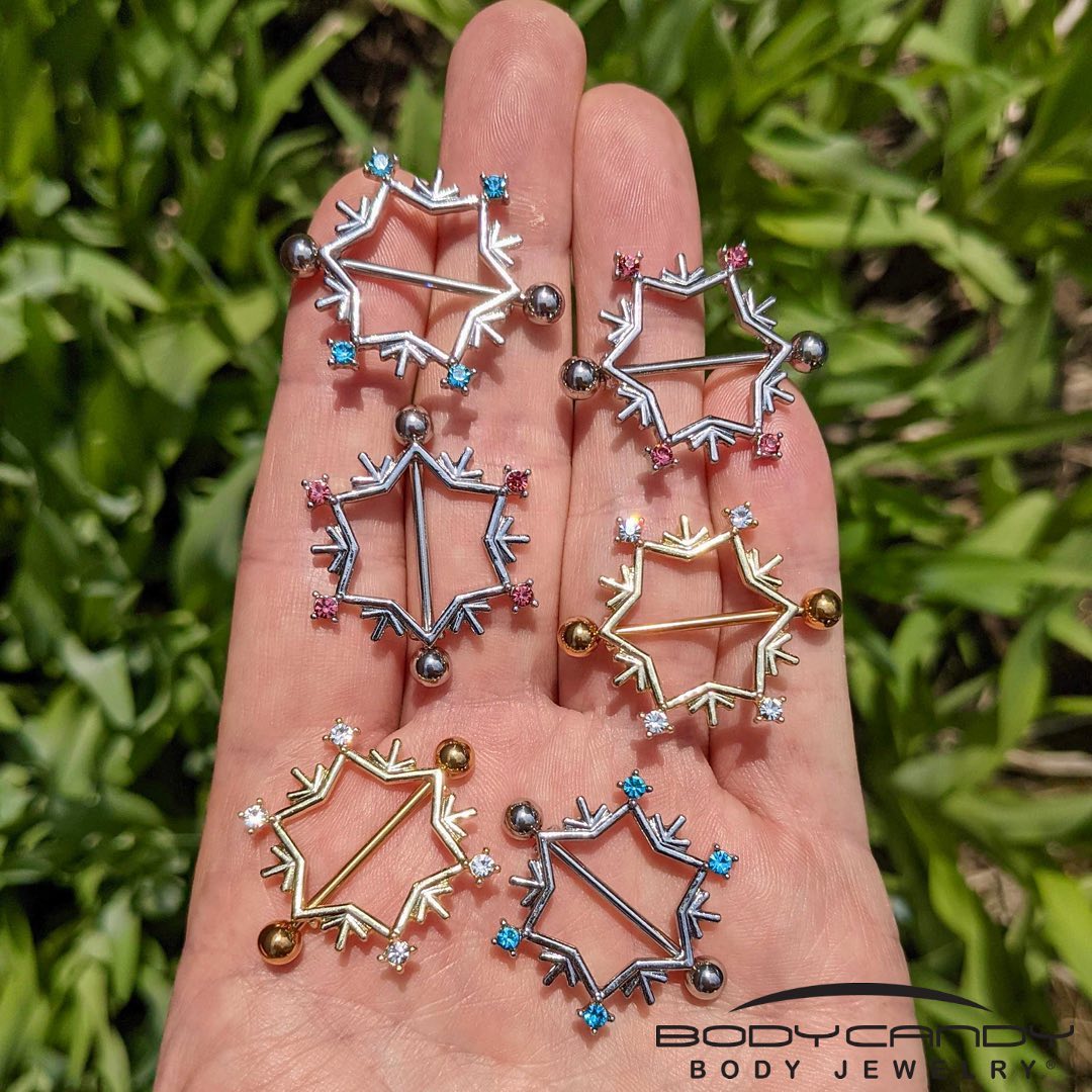 BodyCandy 14G 3/4 Clear Gem Snowflake Christmas Nipple Shield Set — detail close-up