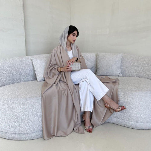 Soft Forged Bat Sleeve Abaya Robe | V-Neck Satin Cardigan Dress(MOA224)