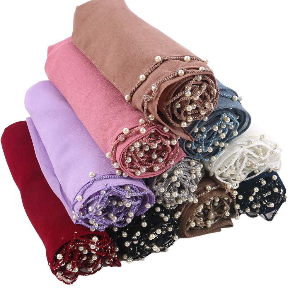 Mariam's Collection Solid Chiffon Hijab with Delicate Beaded Edging Pearl-Embellished Wave (MH139) — product category context