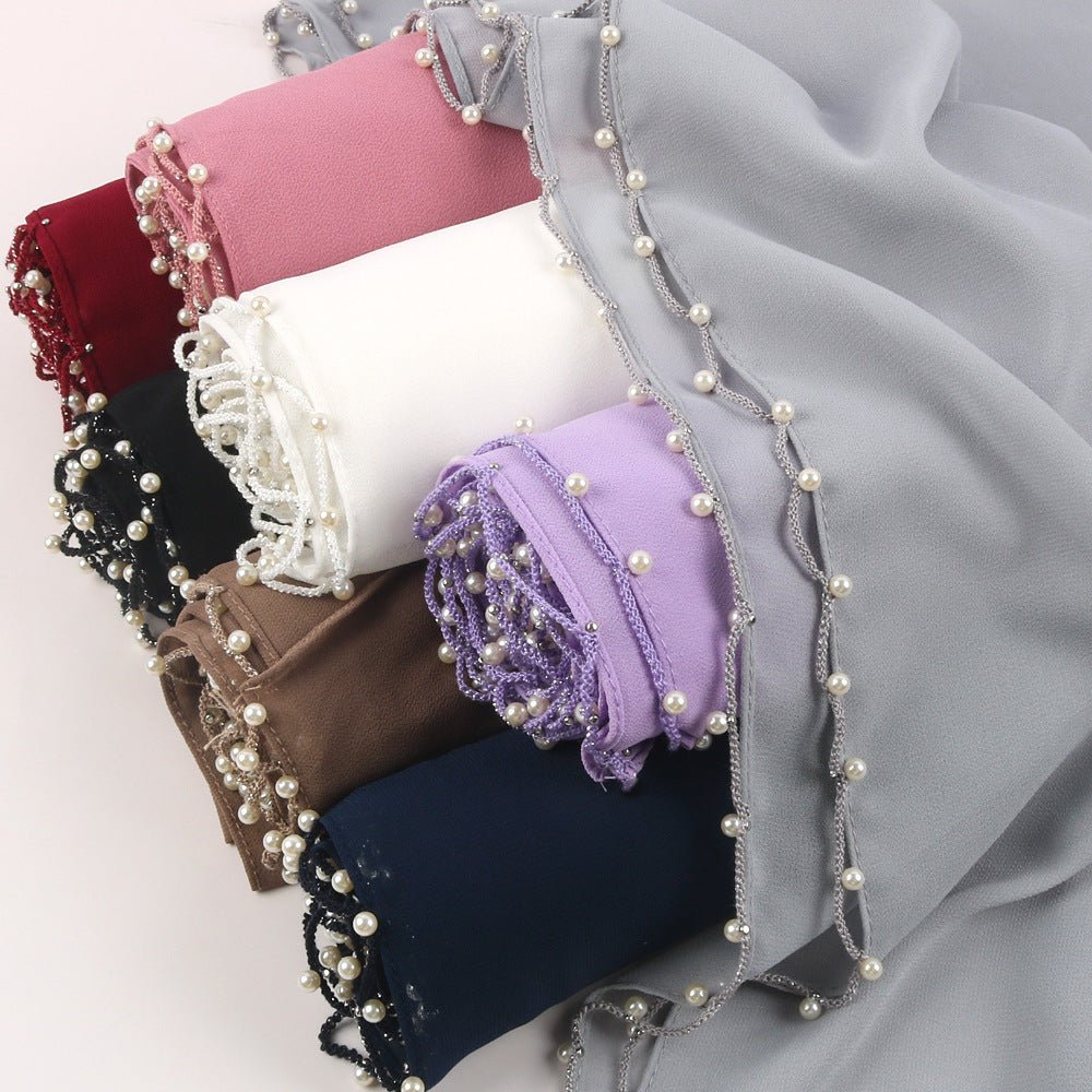 Mariam's Collection Solid Chiffon Hijab with Delicate Beaded Edging Pearl-Embellished Wave (MH139) — construction detail