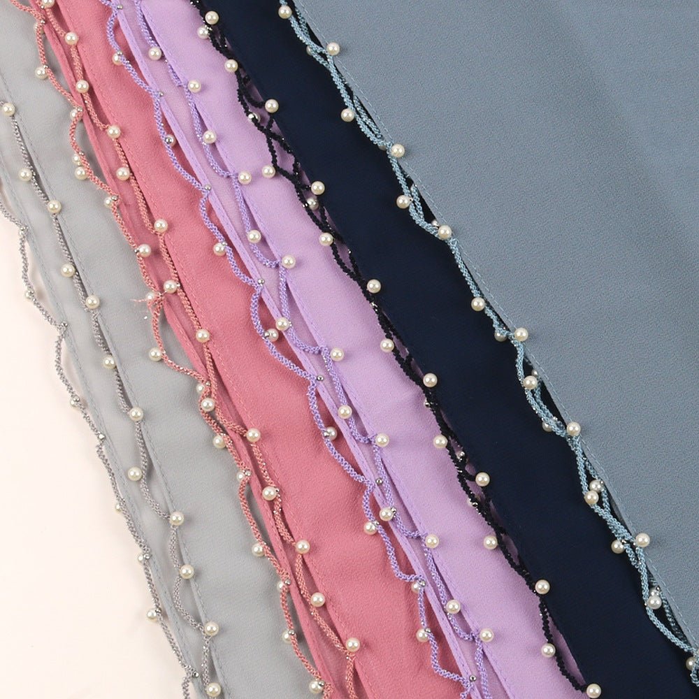 Mariam's Collection Solid Chiffon Hijab with Delicate Beaded Edging Pearl-Embellished Wave (MH139) — Mariam's Collection branding close-up