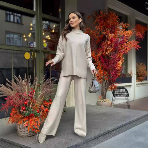 Solid Color Asymmetric Tunic & Wide Leg Pants Set(MS174)