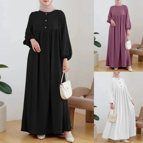 Solid Color Bubble Sleeve  with Button Casual & Elegant Long Maxi Dress Abaya (MA157)