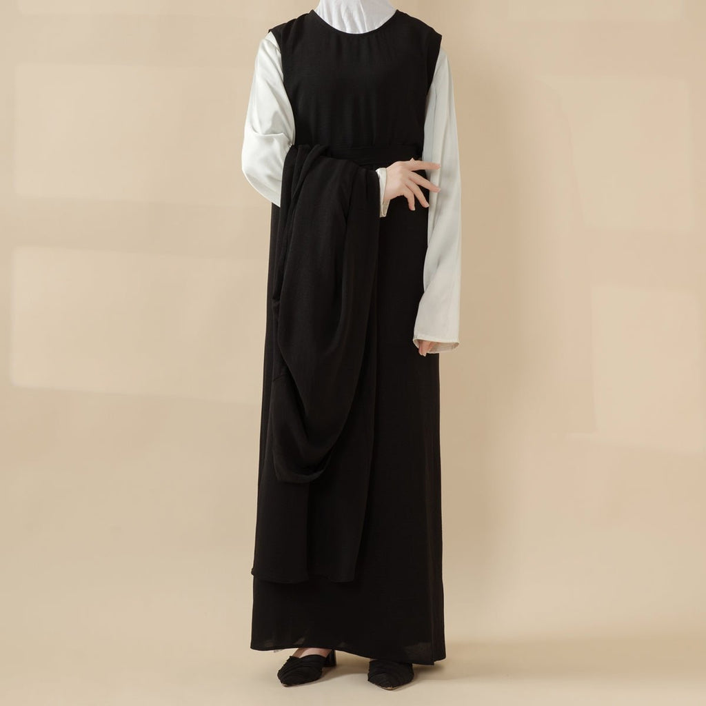 Solid Color Elegant Open Abaya with Pockets | 3-Piece Set Open Abaya (MOA092)