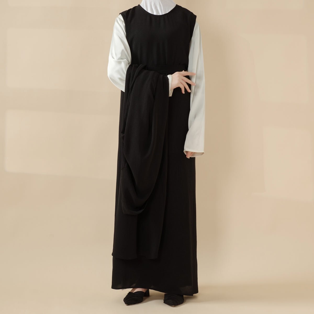 Solid Color Elegant Open Abaya with Pockets | 3-Piece Set Open Abaya (MOA092)
