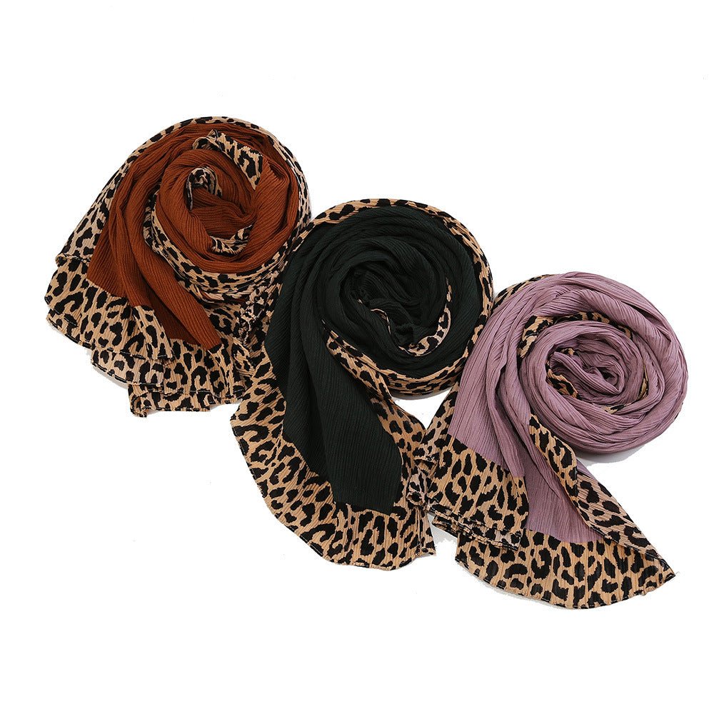 Mariam's Collection Solid Color Leopard-Print Embellished Crinkle Scarf Hijab (MH181) — detail close-up