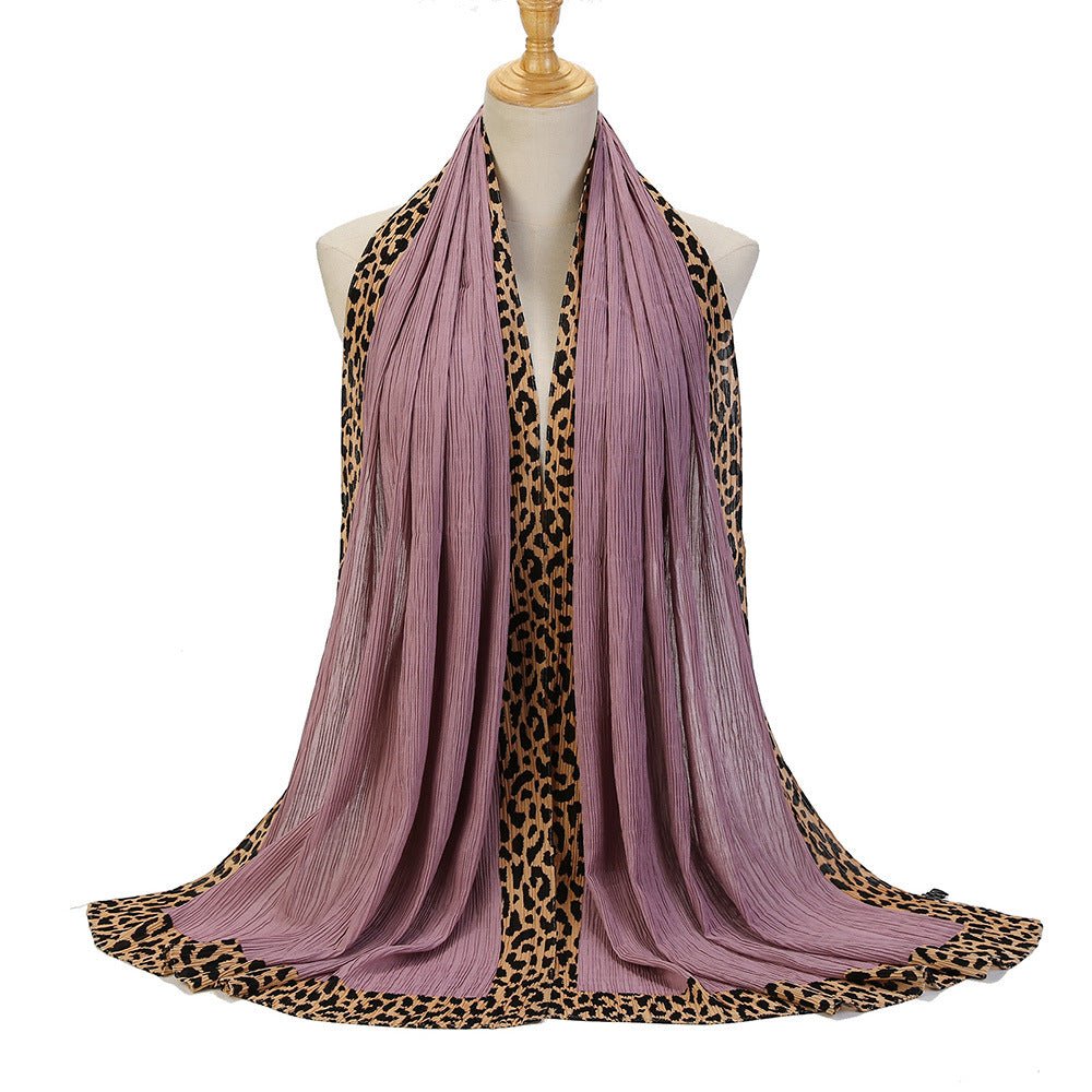 Mariam's Collection Solid Color Leopard-Print Embellished Crinkle Scarf Hijab (MH181) — flat-lay composition