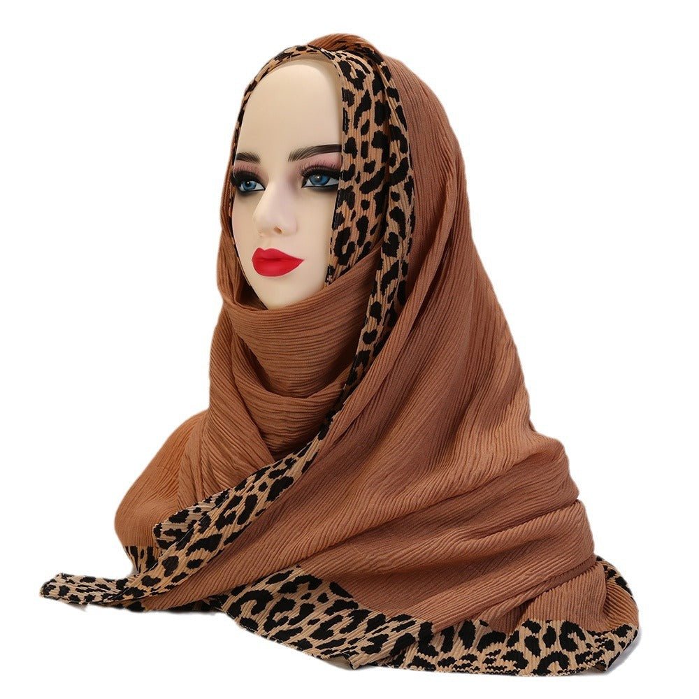 Mariam's Collection Solid Color Leopard-Print Embellished Crinkle Scarf Hijab (MH181) — Mariam's Collection branding close-up