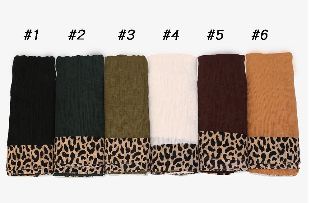 Mariam's Collection Solid Color Leopard-Print Embellished Crinkle Scarf Hijab (MH181) — lifestyle worn / used context