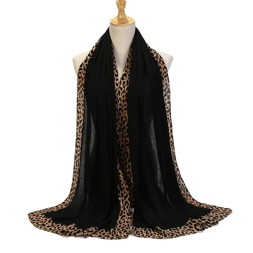 Solid Color Leopard-Print Embellished Crinkle Scarf Hijab (MH181)