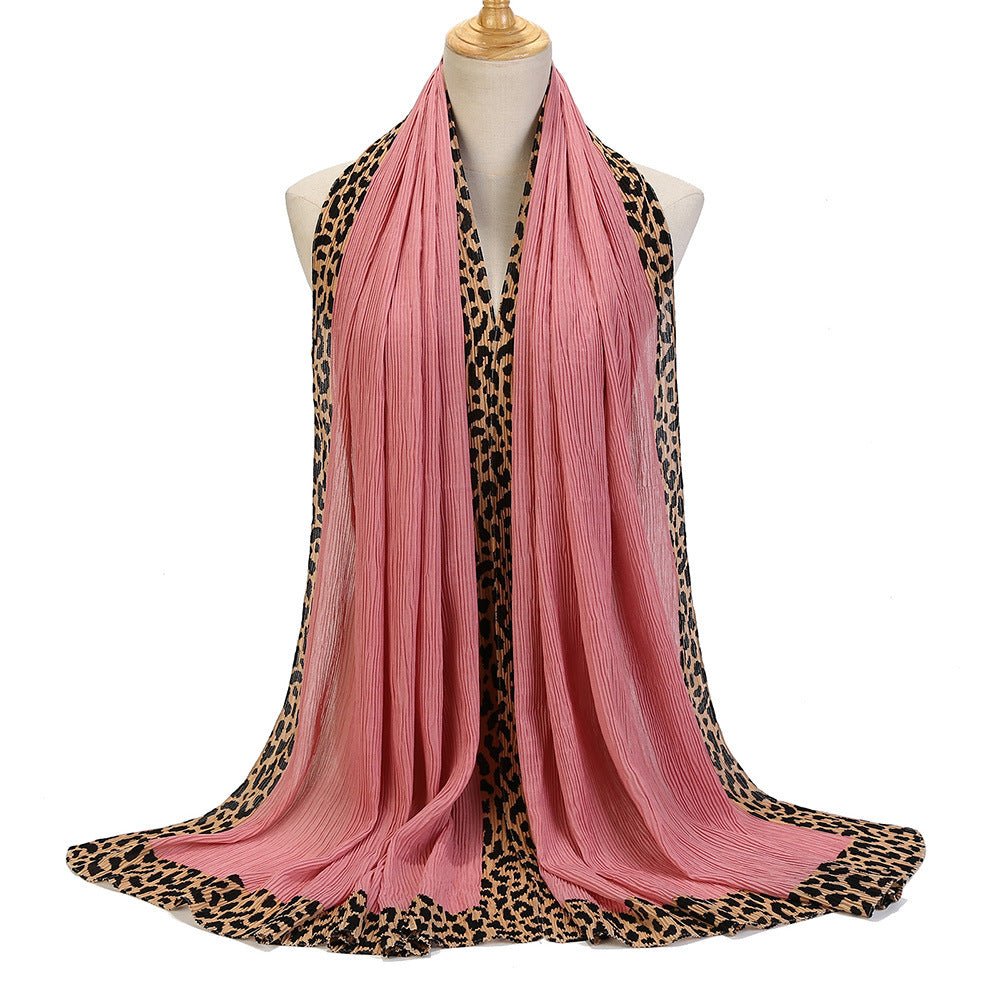 Mariam's Collection Solid Color Leopard-Print Embellished Crinkle Scarf Hijab (MH181) — product on model