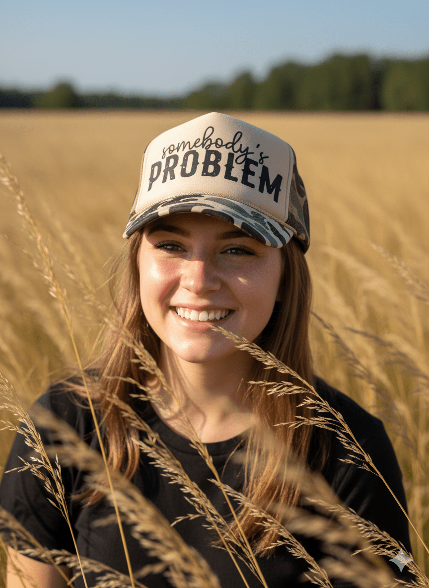 Wild Junkie Somebody's Problem Camo Trucker Hat — construction detail