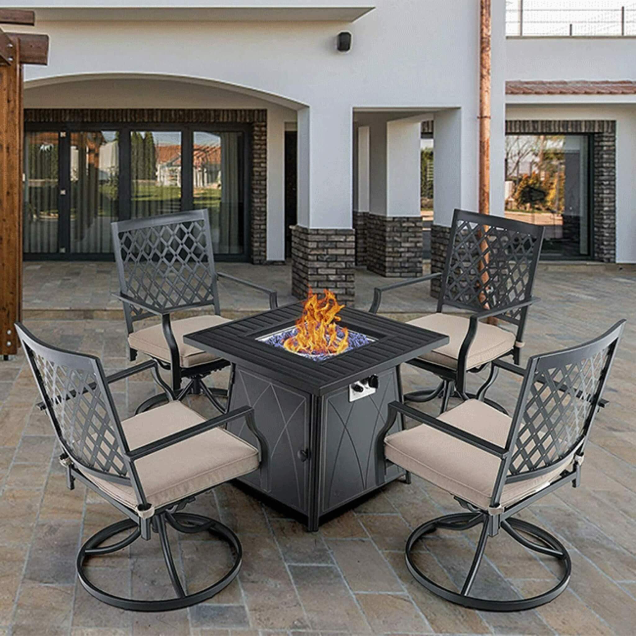 Sophia & William Outdoor Gas Fire Pit Table Set W/ Cushioned Swivel Dining Chairs, 5PCS (SAK63872) – SAKSBY WHOLESALE