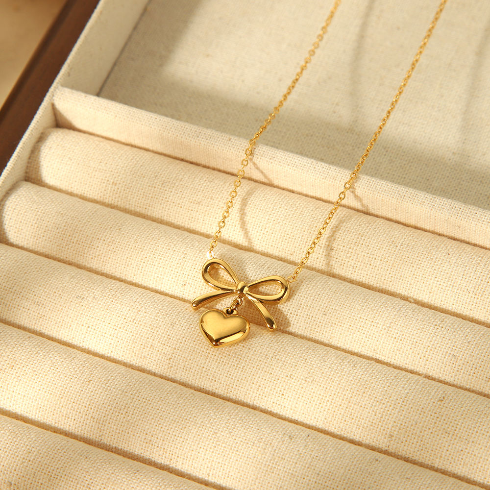 SORI STYLE Bow Heart Pendant Necklace -Dainty Cute Pendant Jewelry Gift — alternative angle