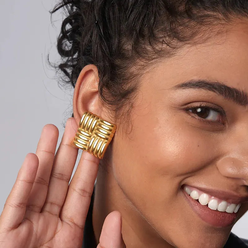 SORI STYLE Square Stud Earrings -Bold Geometric & Elegant — lifestyle context