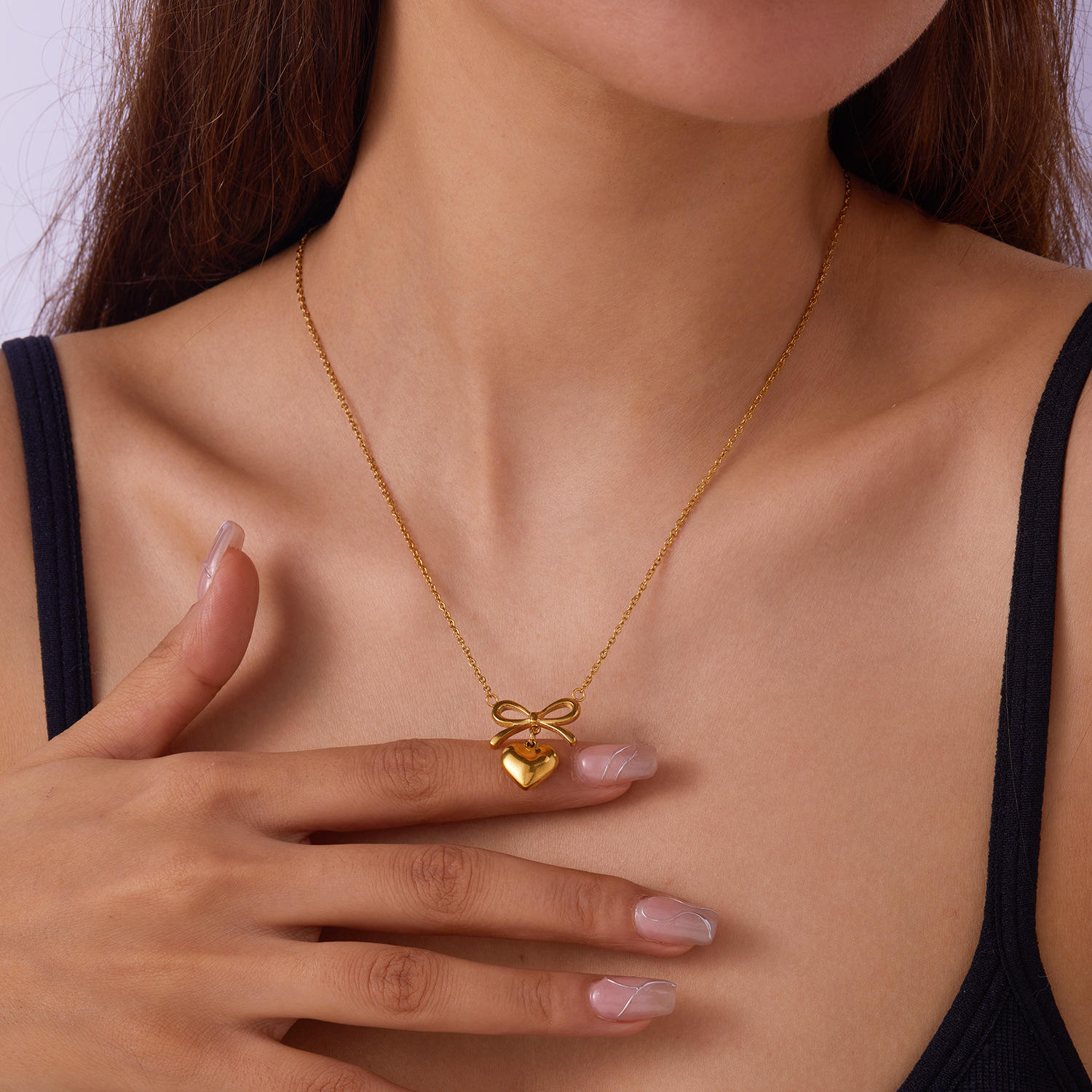 SORI STYLE Bow Heart Pendant Necklace -Dainty Cute Pendant Jewelry Gift — side view