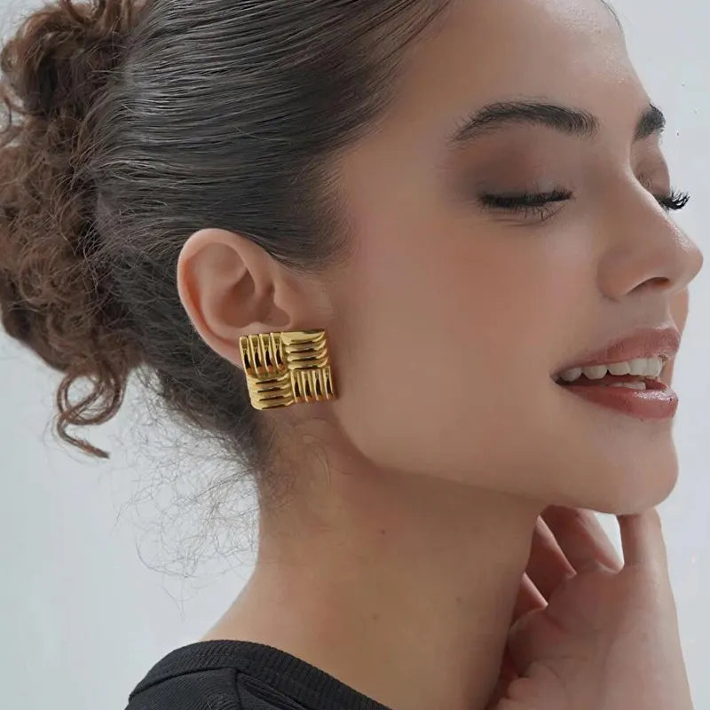 SORI STYLE Square Stud Earrings -Bold Geometric & Elegant — back view