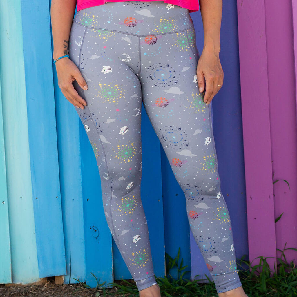 Princess Awesome & Boy Wonder Adult "Glitterverse" Space Leggings with Pockets — lifestyle worn / used context