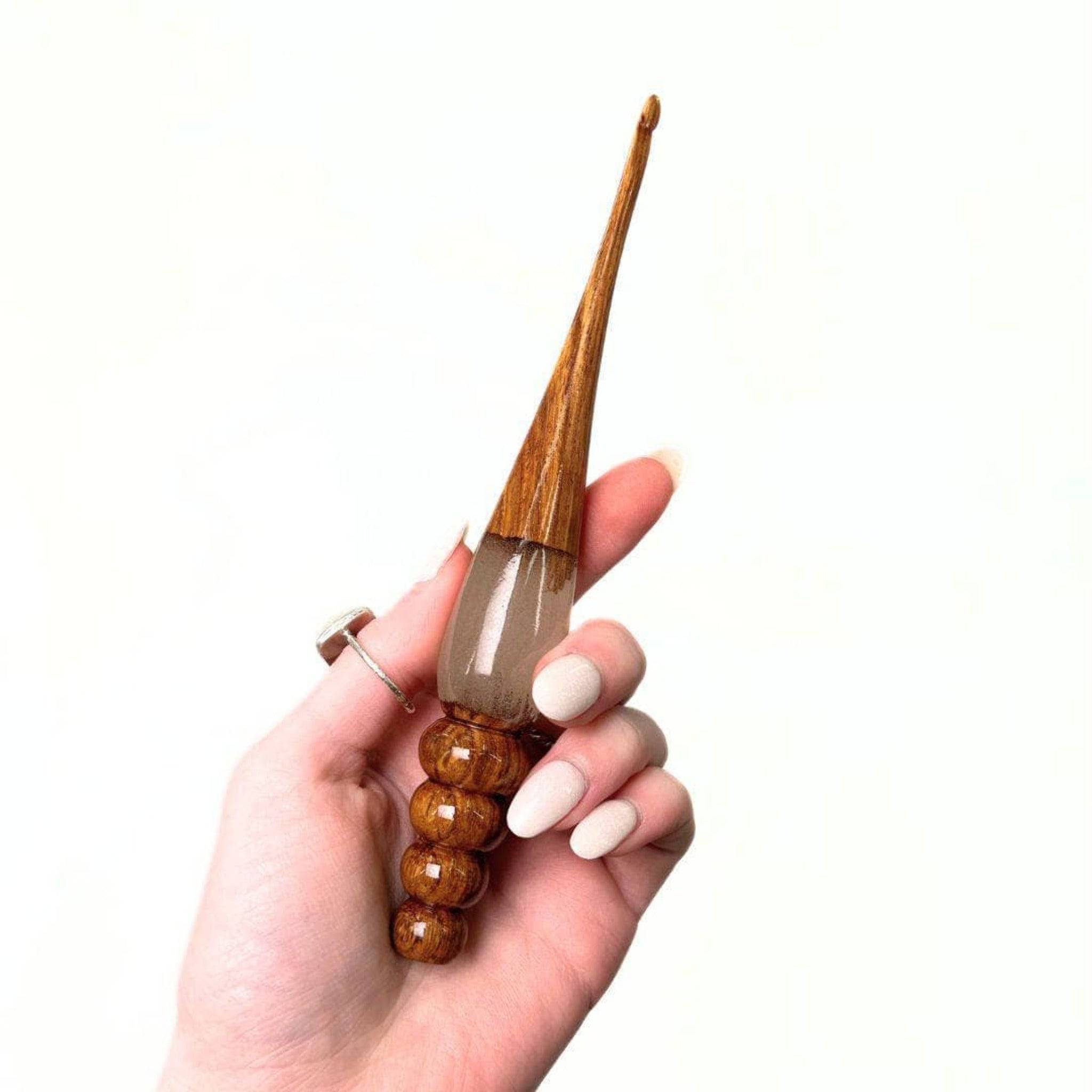 Darn Good Yarn Sparkle Rosewood Crochet Hook — Darn Good Yarn branding close-up