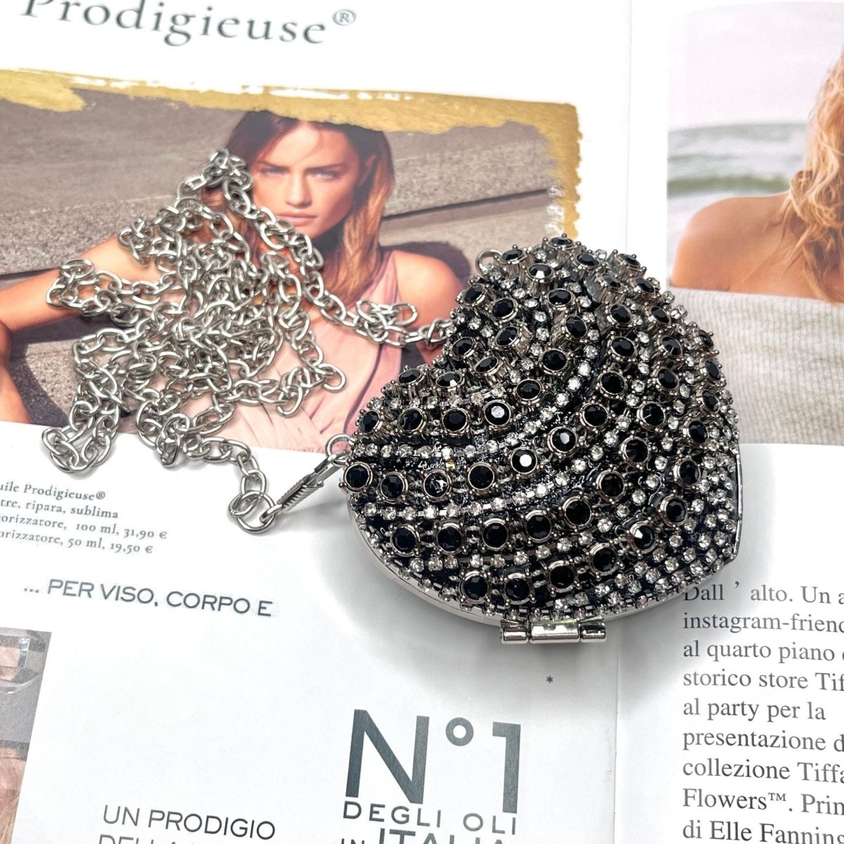 Mariam's Collection Sparkling Heart-Shaped Crossbody Bag Everyday Glam Diamond-Studded Mini Purse… — fabric or material detai