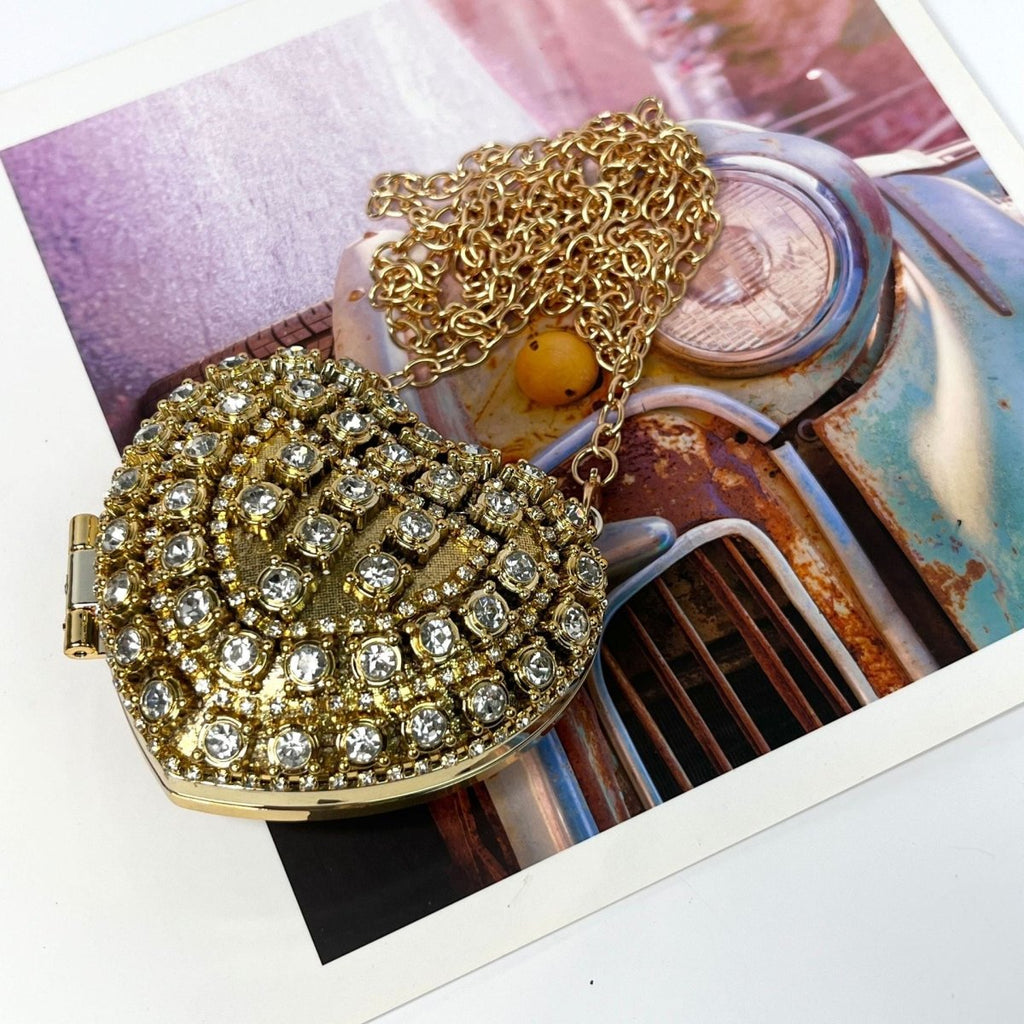Mariam's Collection Sparkling Heart-Shaped Crossbody Bag Everyday Glam Diamond-Studded Mini Purse… — flat-lay composition