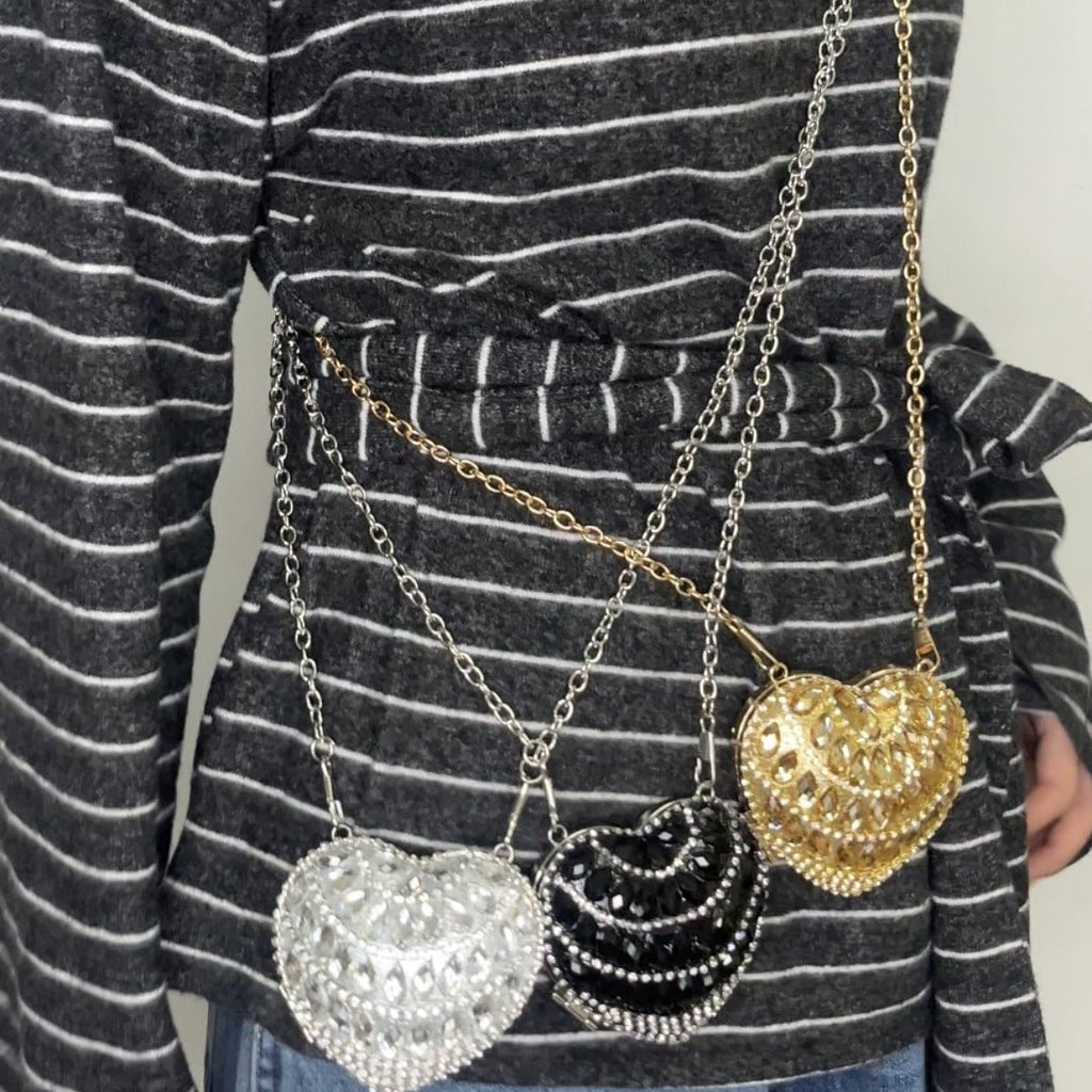 Mariam's Collection Sparkling Heart-Shaped Crossbody Bag Everyday Glam Diamond-Studded Mini Purse… — fabric or material detai